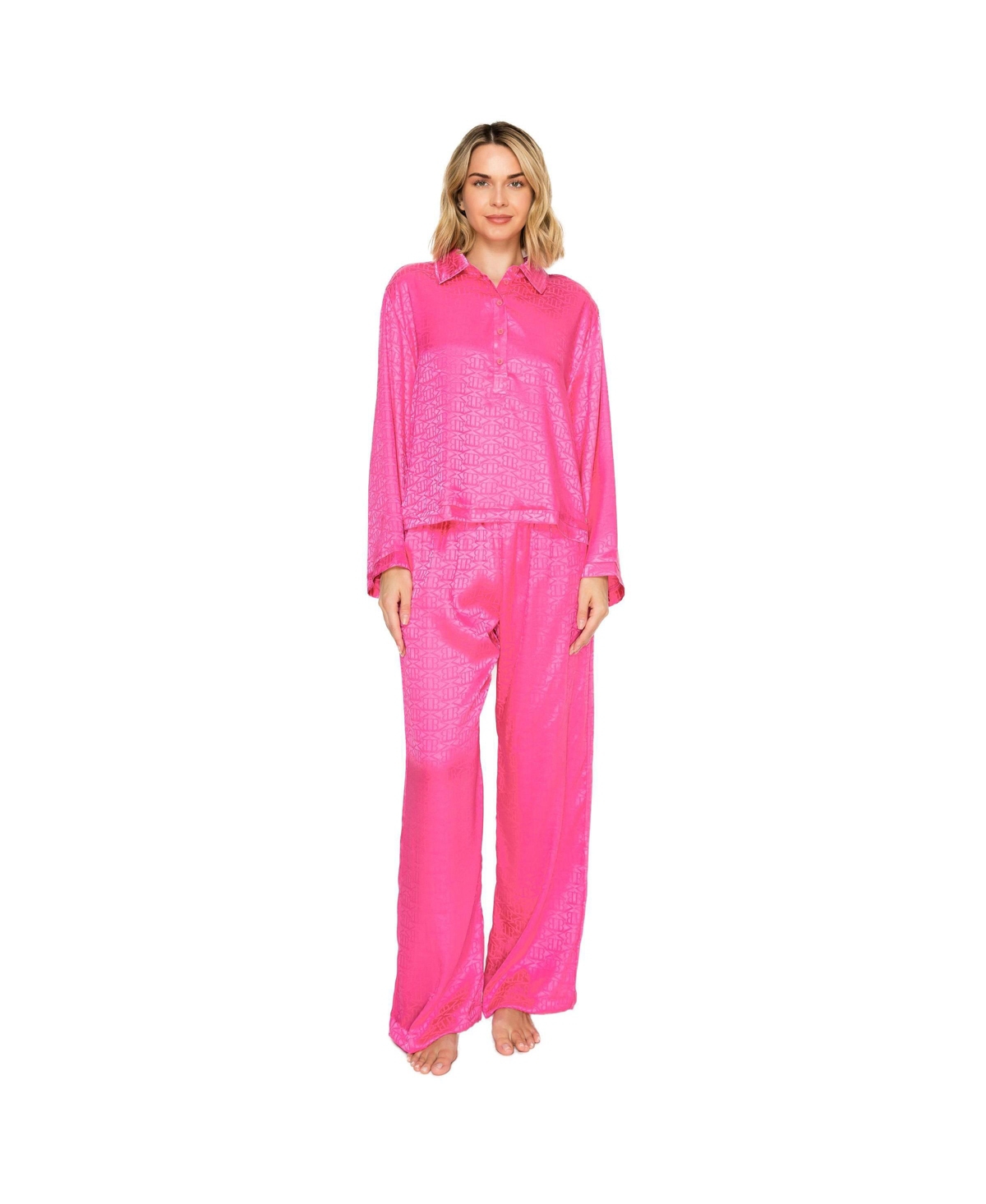 Badgley Mischka Women's Silky Jacquard Satin Long Sleeve and Wide Leg Pajama Set - Raspberry