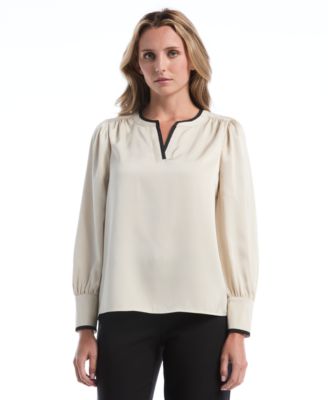Petite Long-Sleeve Split-Neck Satin Blouse