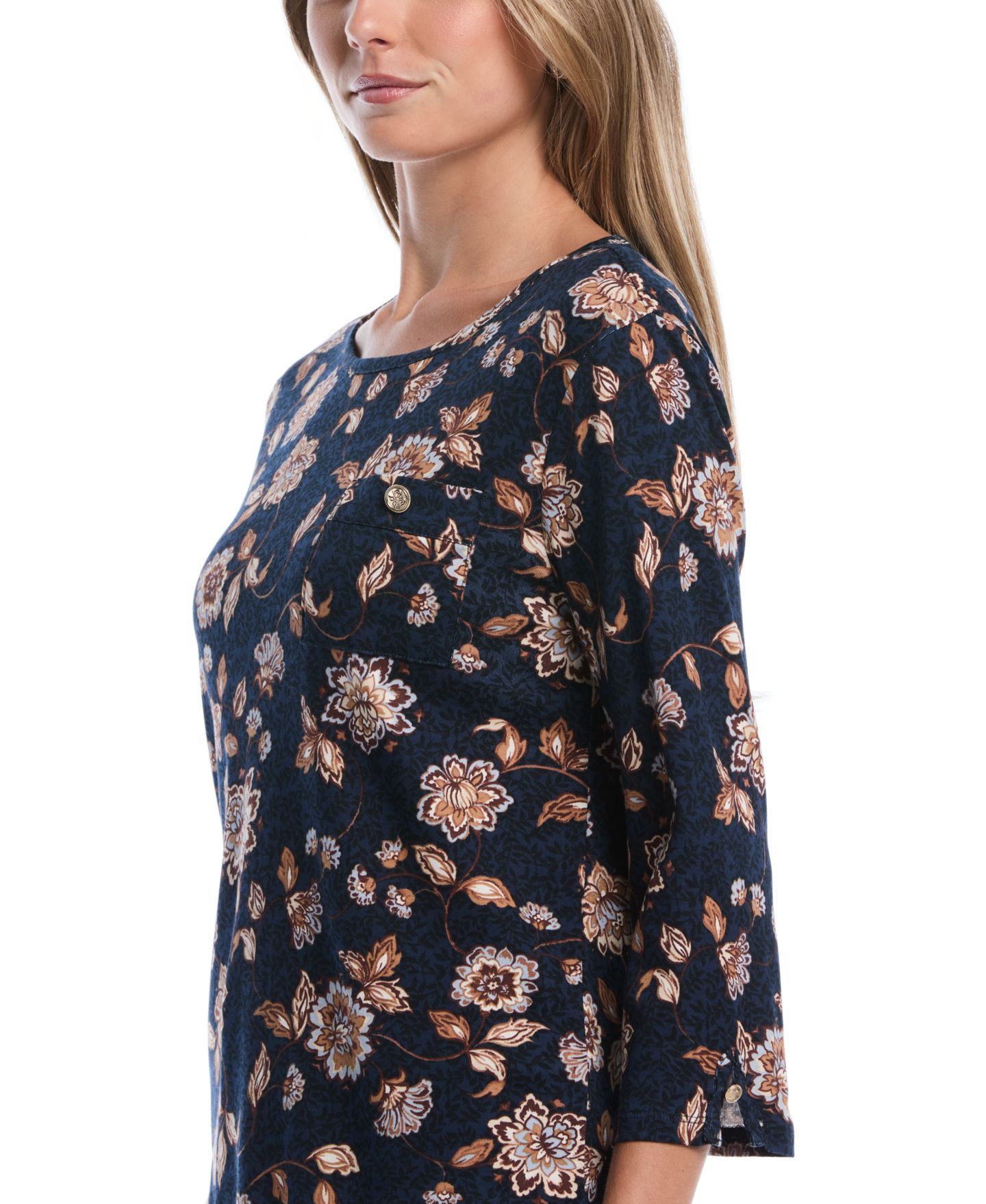 Женская футболка Rafaella Petite Floral 3/4-Sleeve Rib-Knit, цвет: Синий — фото 4