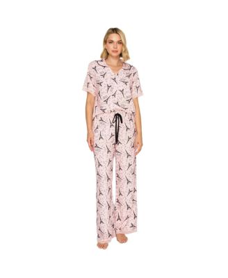 Women's Yummy Short-Sleeve Button-Up Wide-Leg Top and Pants Set