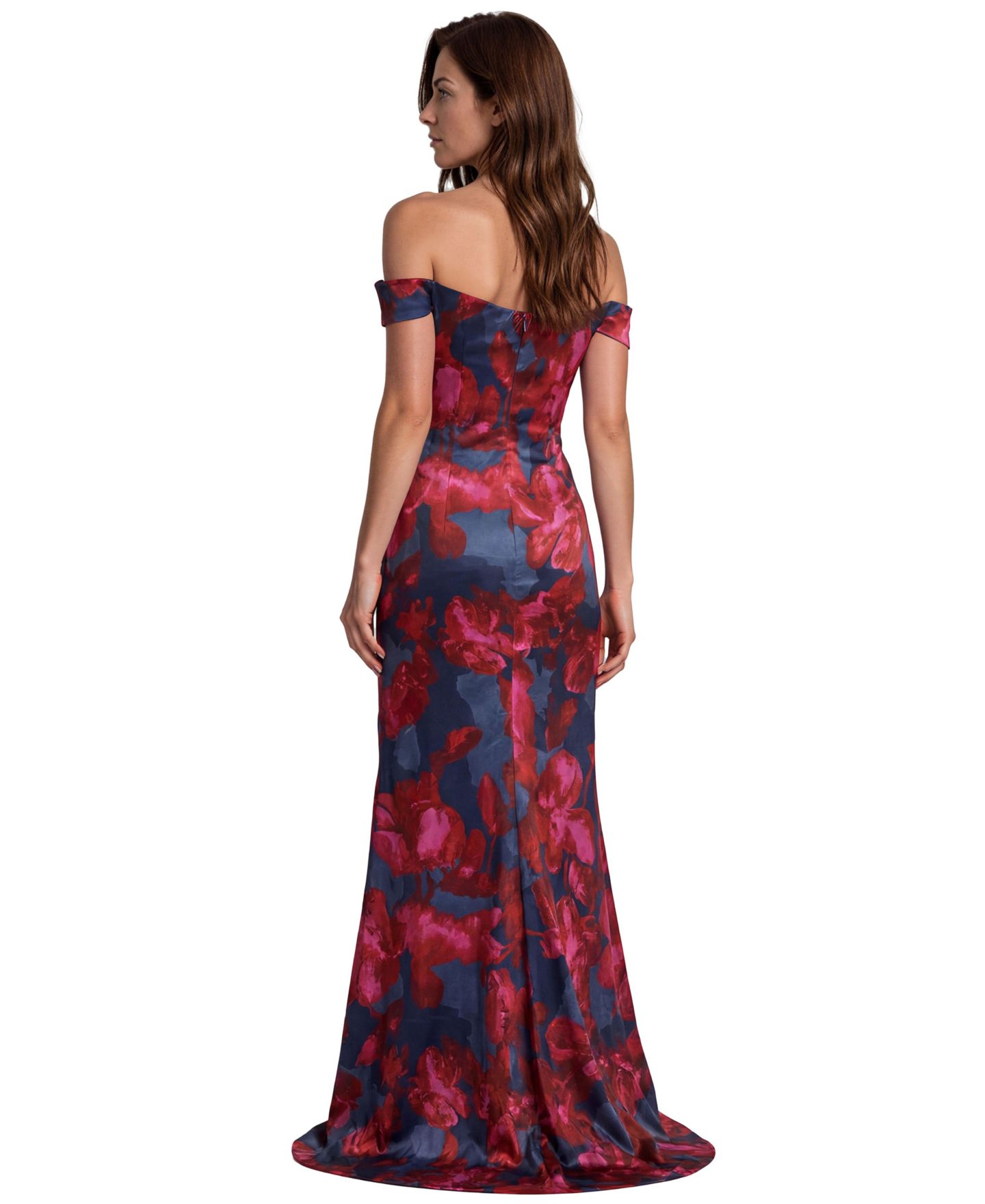 Женское платье Rene Ruiz Occasion Off-the-Shoulder Floral-Print Scuba Gown, цвет: Тёмно-синий красный — фото 2