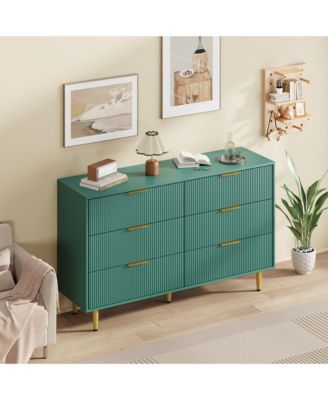 6 Drawer Fluted Dresser Furniture, Wooden Chest of Drawers with Metal Handle, Modern Wide Wooden Chest for Living Room, Bedroom, or Hallway