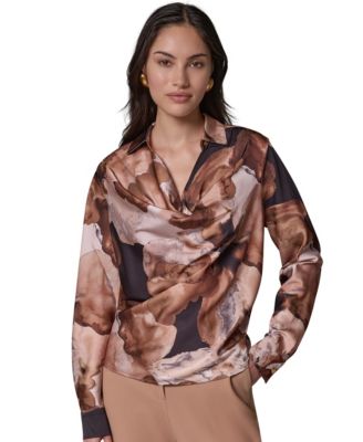 Women's Petite Print Long-Sleeve Cowl Neck Blouse
