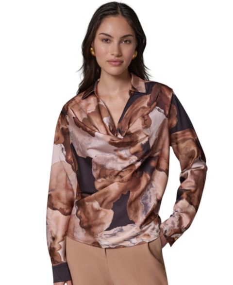 Женская блузка Donna Karan New York Petite Long-Sleeve Satin Cowl-Neck Blouse, цвет: Верблюжий разноцветный