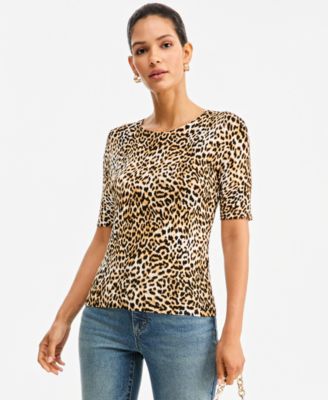 I.N.C. Women's Leopard-Print Fitted Short-Sleeve Crewneck Sweater