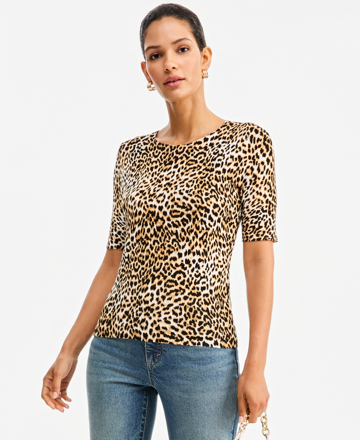 I.n.c. Women's Leopard-Print Fitted Short-Sleeve Crewneck Sweater, Macy's Exclusive - Mavi Cheetah
