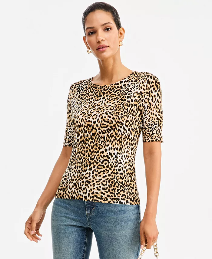 I.N.C. Women's Leopard-Print Fitted Short-Sleeve Crewneck Sweater
