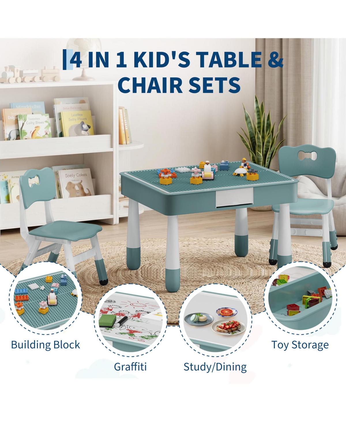 homfan 4-in-1 Activity Table and Chair Set, Double-Sided Tabletop Building Block Base Drawing Board, 2 Adjustable Chairs, Multi-Purpose Desk