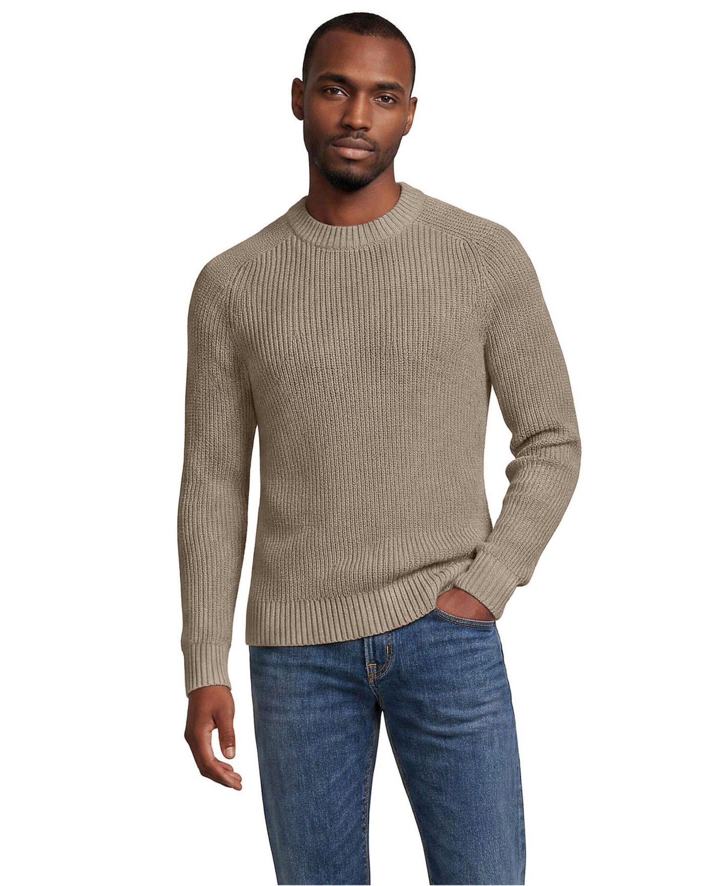 Мужской свитер Lands' End Cotton Drifter Saddle Crewneck Shaker, цвет: Песчаниковый меланжевый — фото 2
