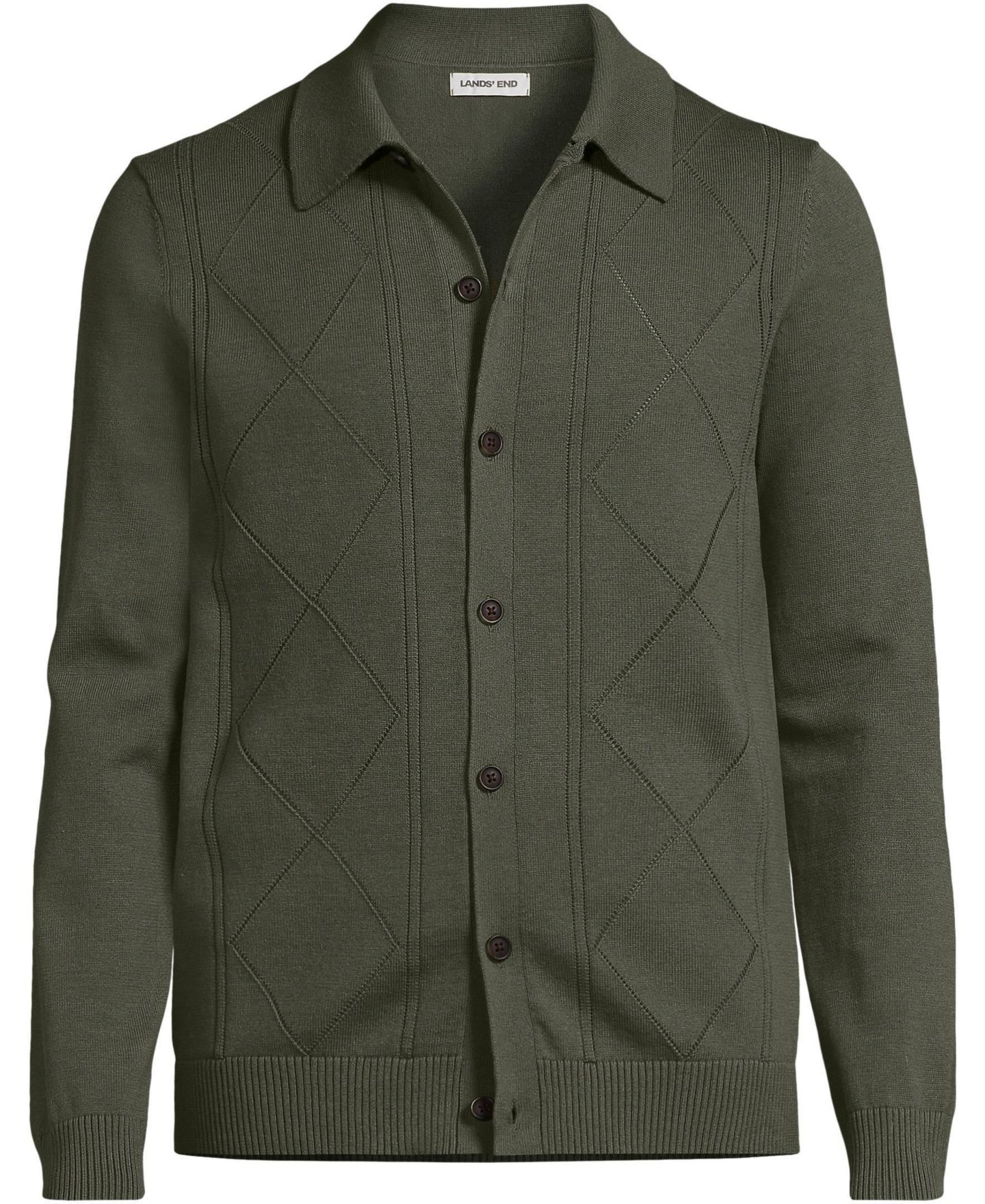 Мужской кардиган Lands' End Long Sleeve Fine Gauge Cotton Pointelle Argyle, цвет: Тёмно-зелёный мох — фото 2