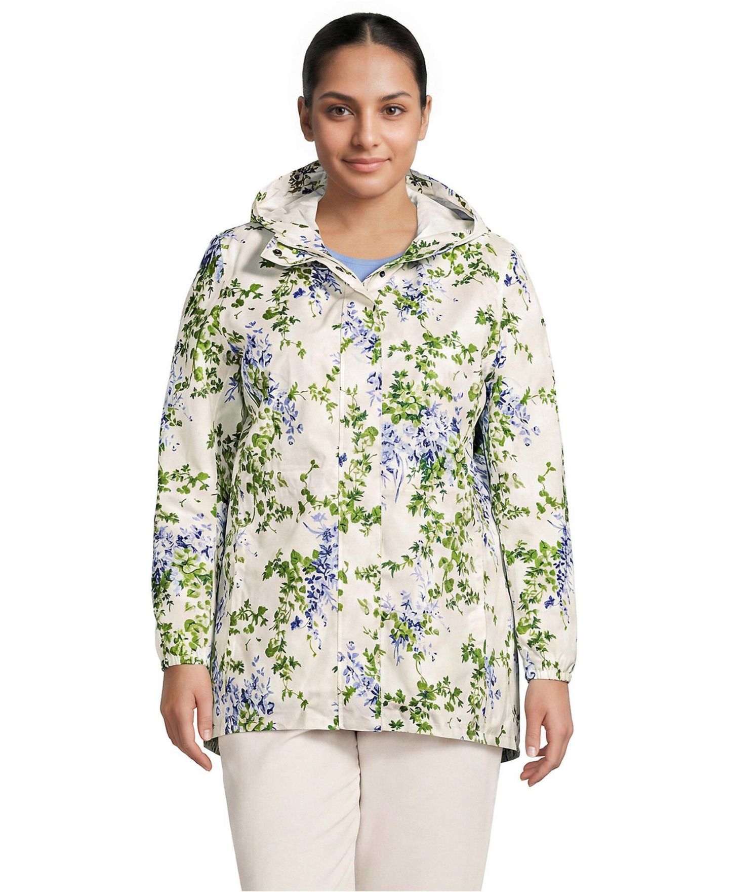 Женские куртки Lands' End Plus Size Print Waterproof Hooded Packable Raincoat, цвет: Прозрачный синий — фото 4