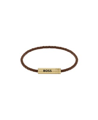 Men's Ares Air Ionic Plated Thin Gold Steel Brown Leather Bracelet