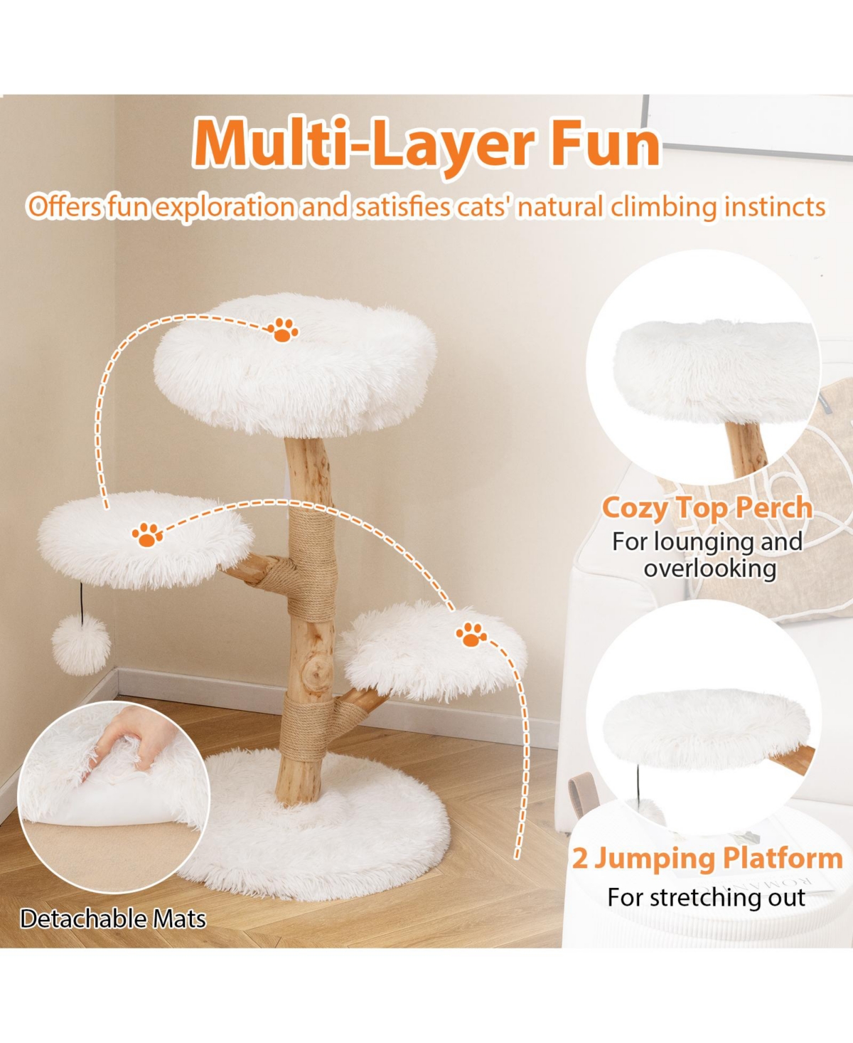 Costway Cat Tree with Perch,Jute Scratching Posts, Dangling Ball, Soft Long Plush