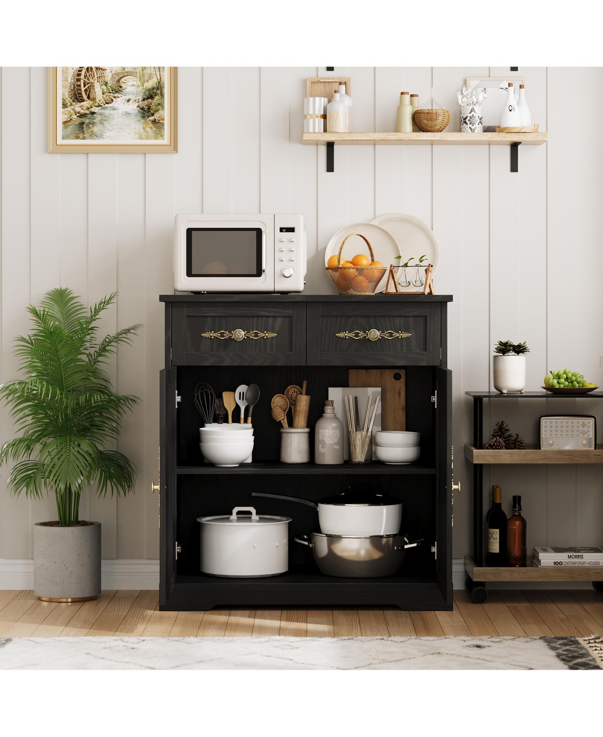 gaomon 33.5-Inch Modern Farmhouse Buffet Sideboard with 4 Drawers and Gold Handles, Tall Kitchen Storage Credenza Coffee Bar Cabinet