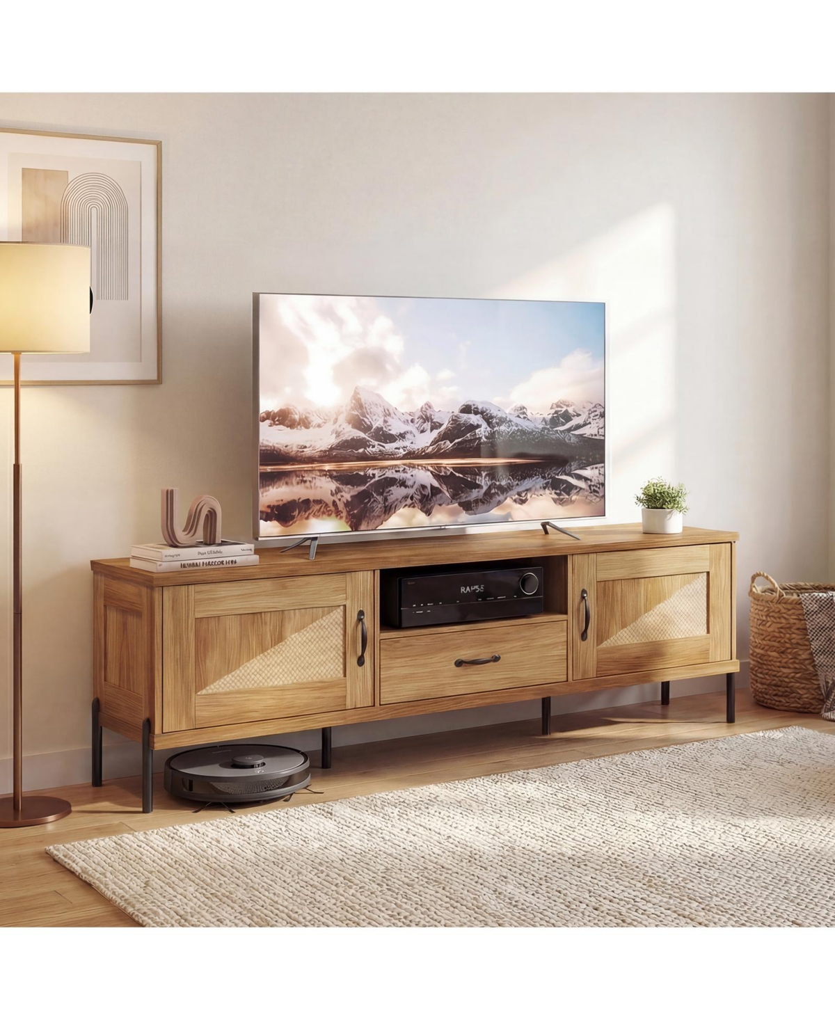 Costway Rattan Tv Stand for TVs with 2 Storage Cabinets, Open Shelf and Drawer
