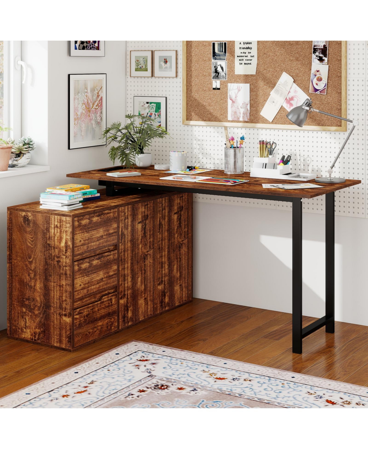 Costway 54.5" L-Shaped Computer Desk with File Cabinet, 3 Drawers and Charging Station