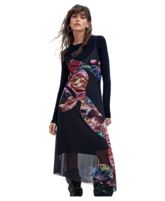 Women's M. C. Lacroix Long-Sleeve Floral Asymmetric-Hem Dress
