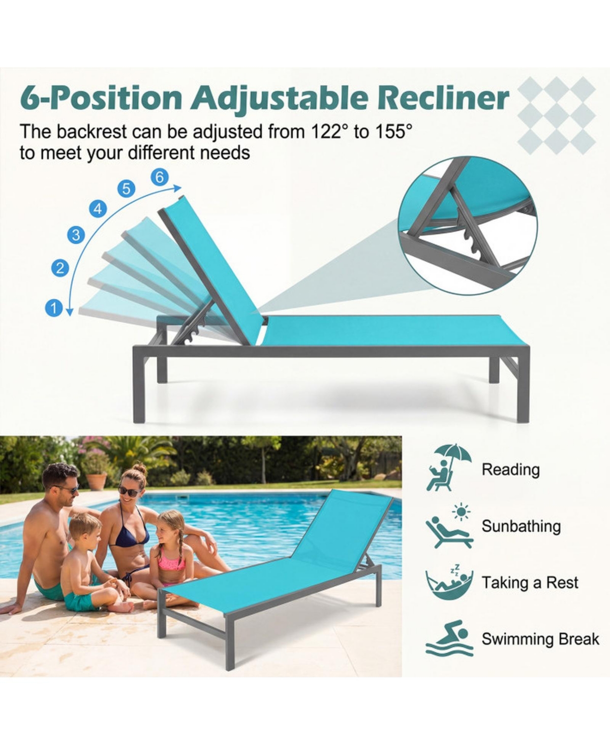 Gouun 6-Position Outdoor Chaise Lounge Chair with Rustproof Aluminium Frame