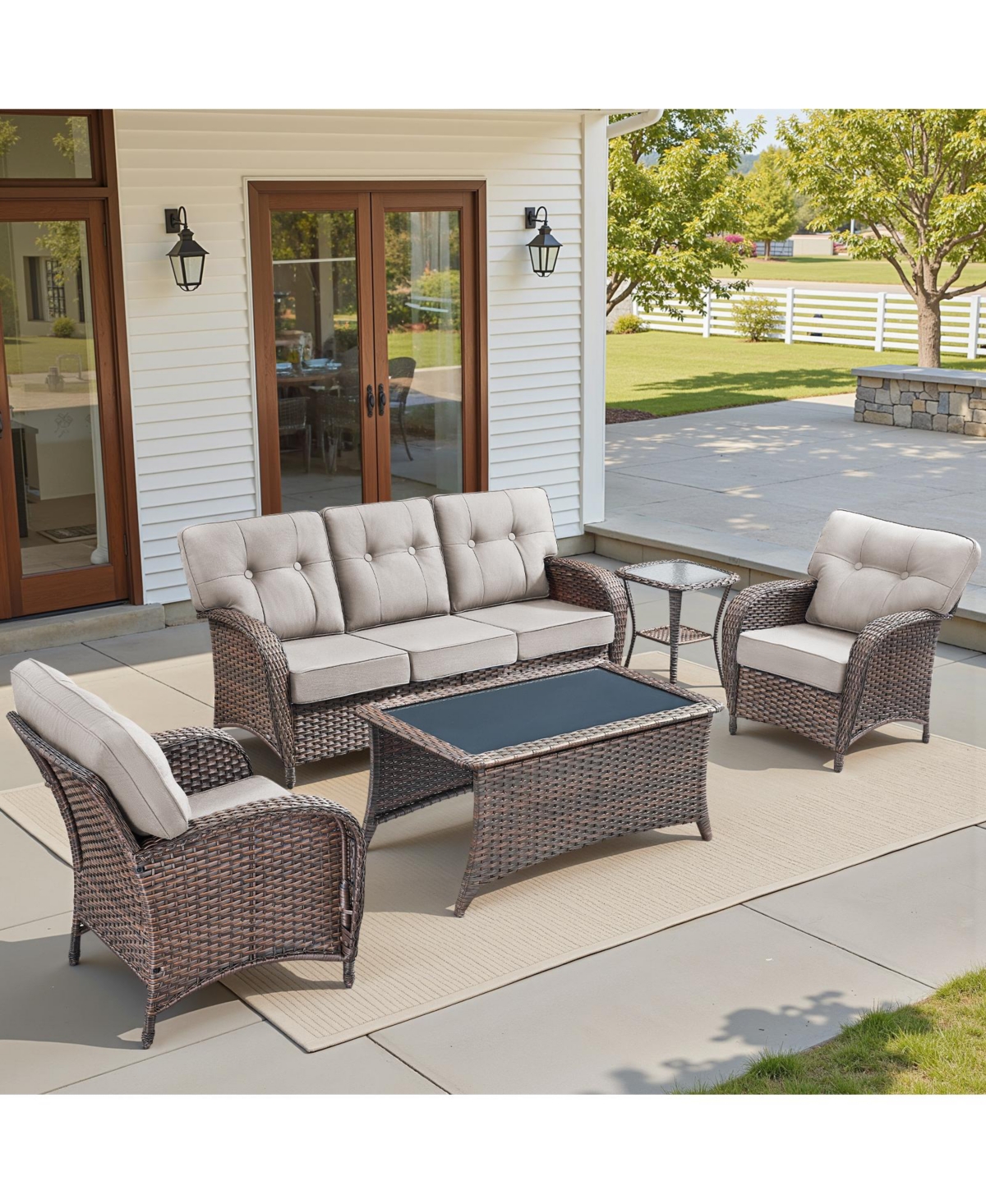 Pocassy 5 Pieces Patio Furniture Set, Outdoor Wicker Sofa with Rattan Chairs, Coffee Table, 5" Thick Cushions