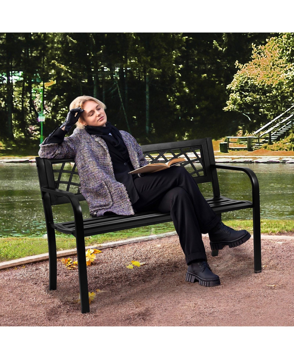 Slickblue 46in Outdoor Metal Bench with Armrests for Garden Yard and Park