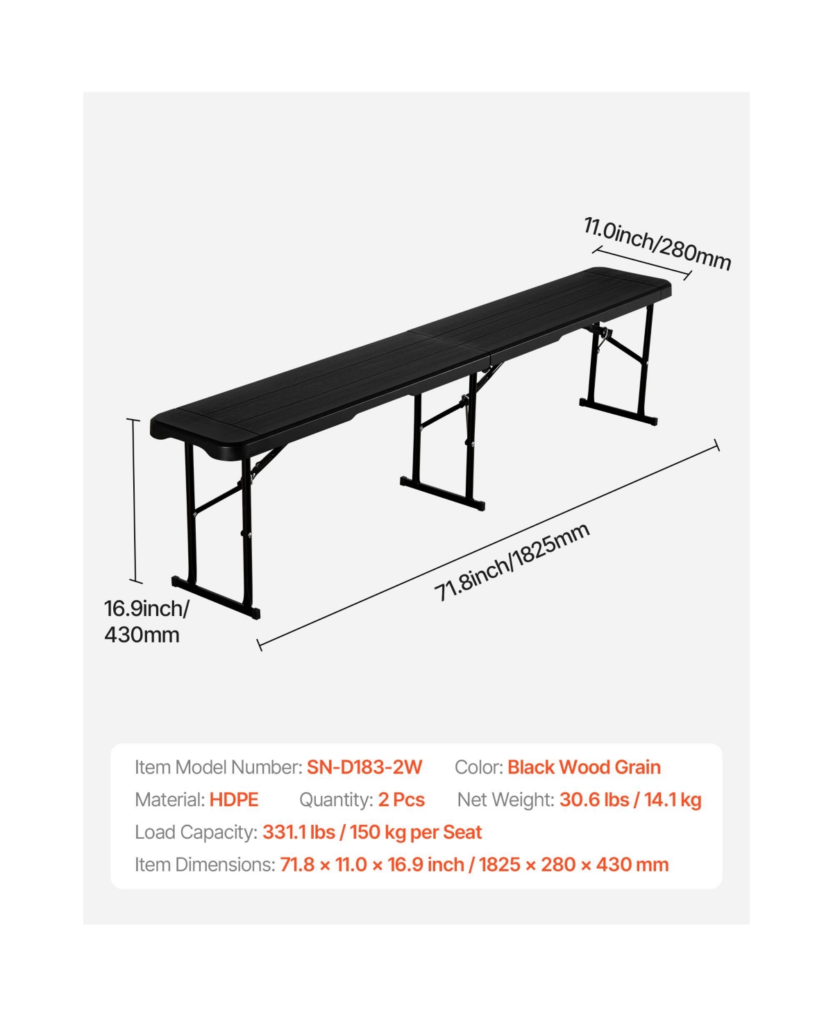 Sugift 2-Pack 6 ft Portable Folding Bench with Hdpe Seat and 2 Carry Bags for Outdoor Picnic Camping
