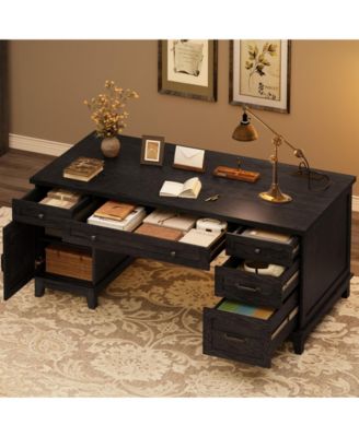 Farmhouse 60-inch Executive Desk with Charging Station and File Drawers, Rustic  Office Desk with Cabinet and 5 Drawers for Home Office