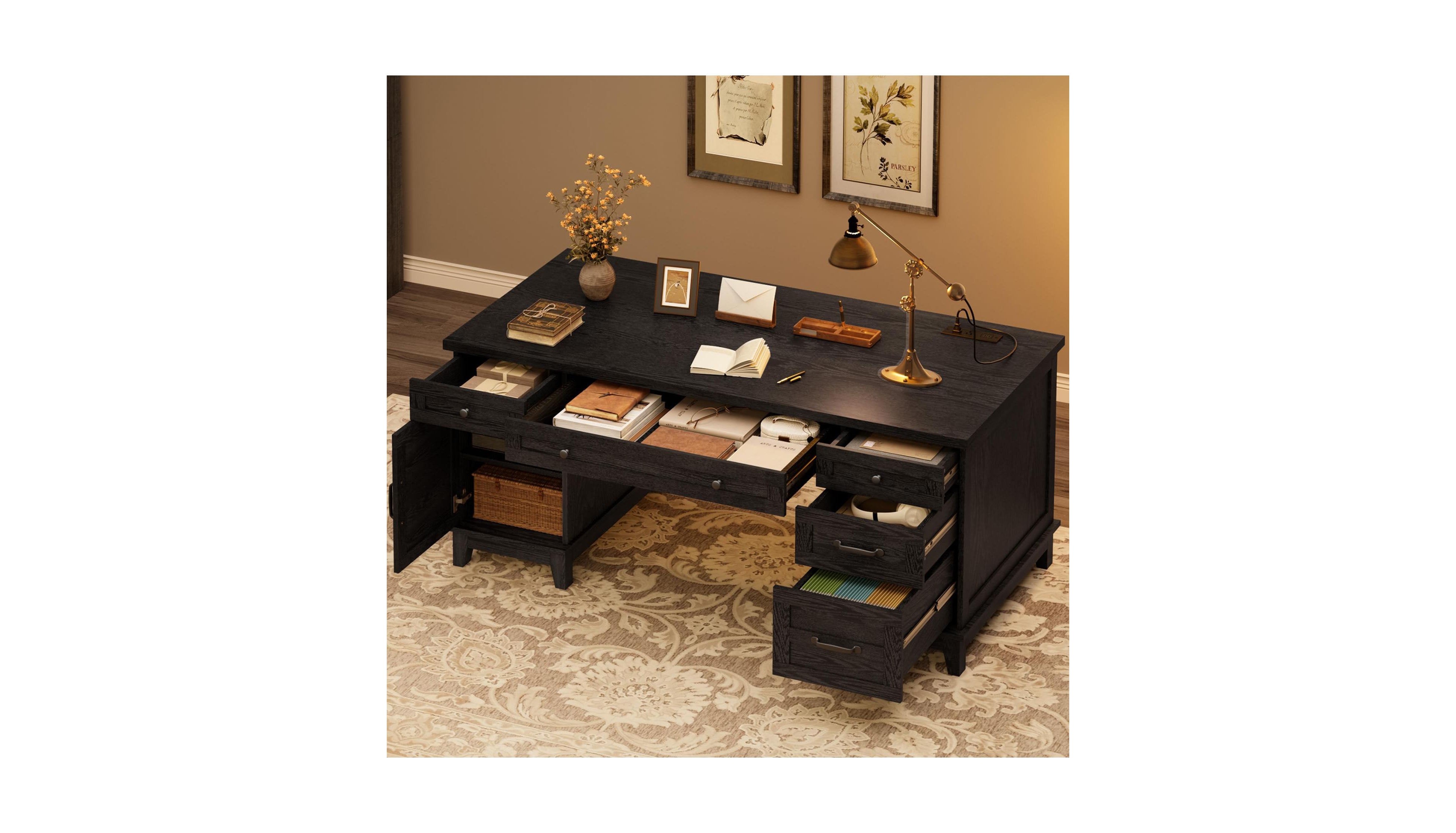 gaomon Farmhouse 60-inch Executive Desk with Charging Station and File Drawers, Rustic Office Desk with Cabinet and 5 Drawers for Home Office