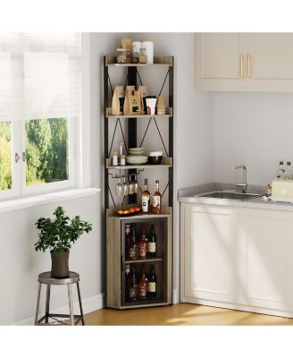 70" Corner Bar Cabinet, Industrial Liquor Sideboard with Wine Rack and Glass Holder, Freestanding Storage Hutch for Home Bar and Dining Room