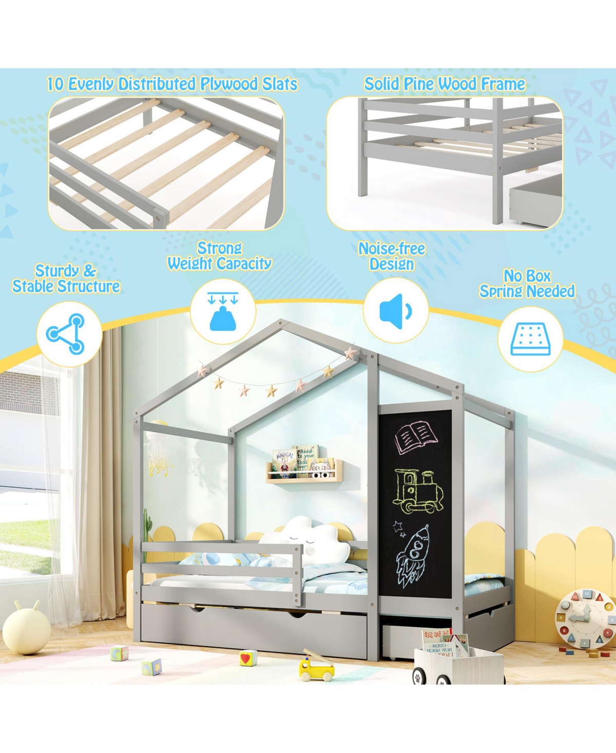 Sugift Kids Twin House Bed with 2 Drawers Solid Wood Bed with Blackboard