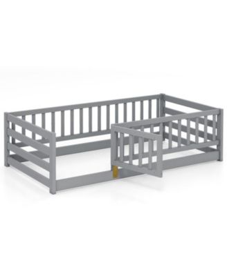 Twin Size Floor Bed with High Fence and Door Playhouse for Kids