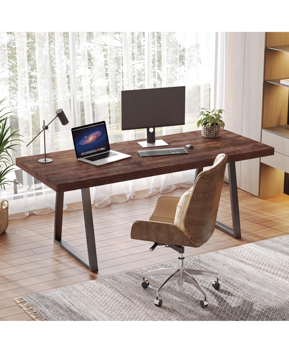 Tribesigns 63" Industrial Executive Desk, Solid Wood, Metal Legs