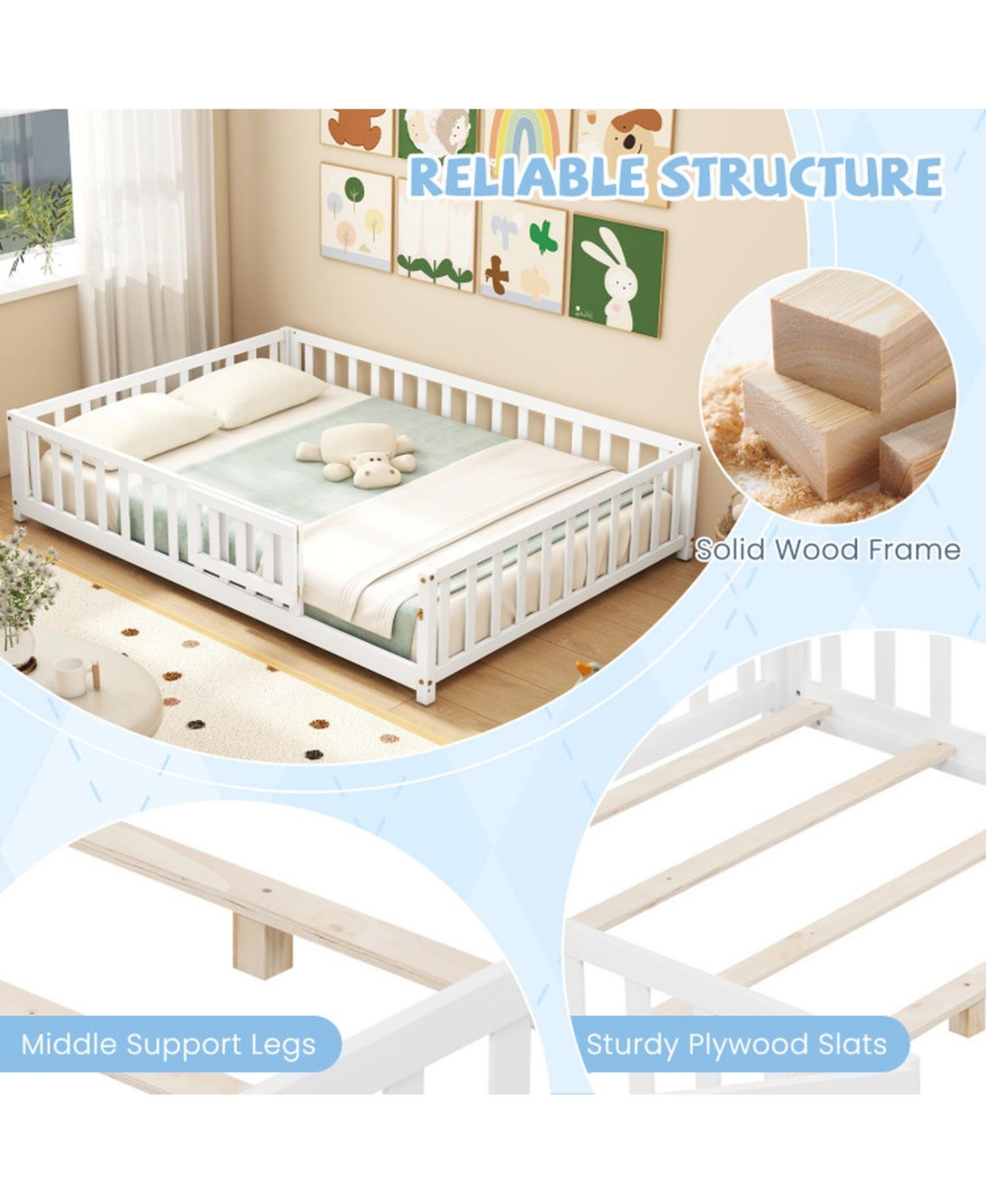 Sugift Full Size Montessori Bed Frame with Full-Length Guardrails Safety Door and Latch