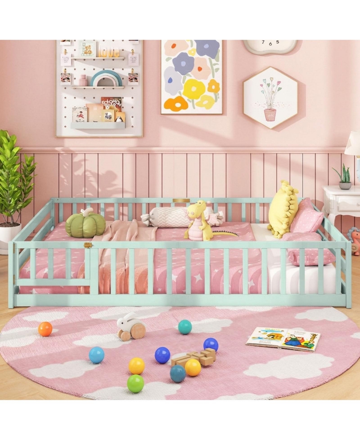 Sugift Queen Size Kids Montessori Floor Bed Frame with Full Length Safety Guardrails