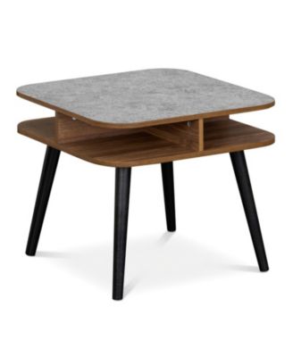 Square Faux Marble End Table with 4-Sided Open Shelves and Rubber Wood Legs