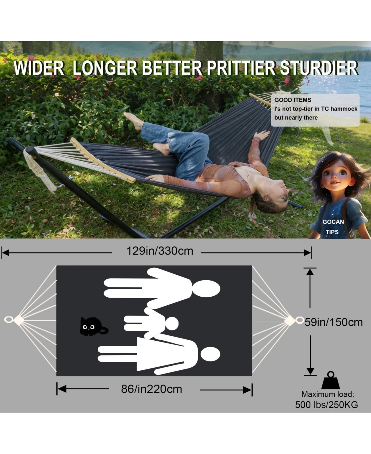 Aofar Double Hammock Canvas with Spreader Bar
