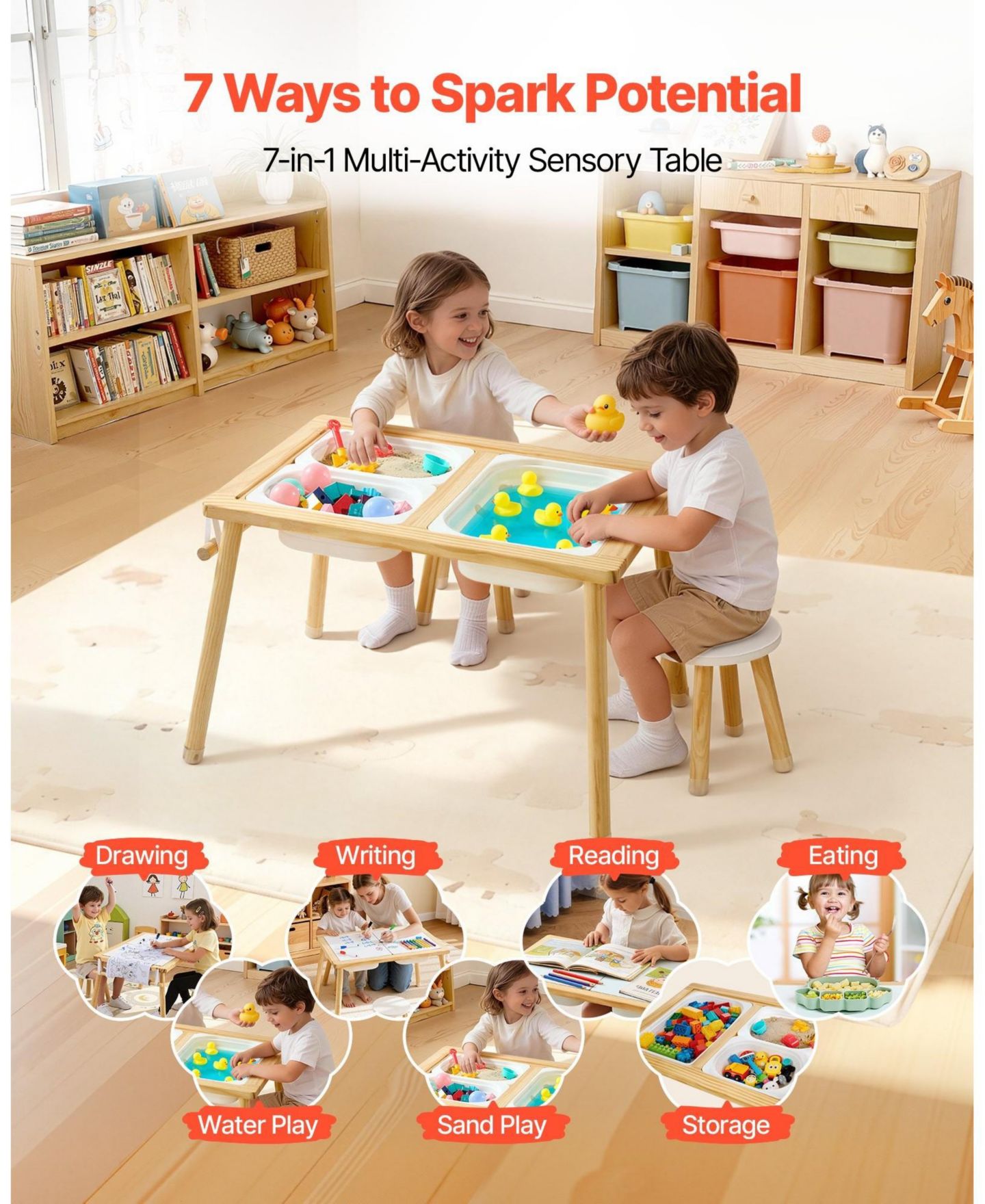 Детская игрушка SUGIFT Wooden Kids Double-Sided Sensory Activity Table with 2 Stools, Non-Slip Feet, Ages 3+, цвет: Натуральный — фото 8