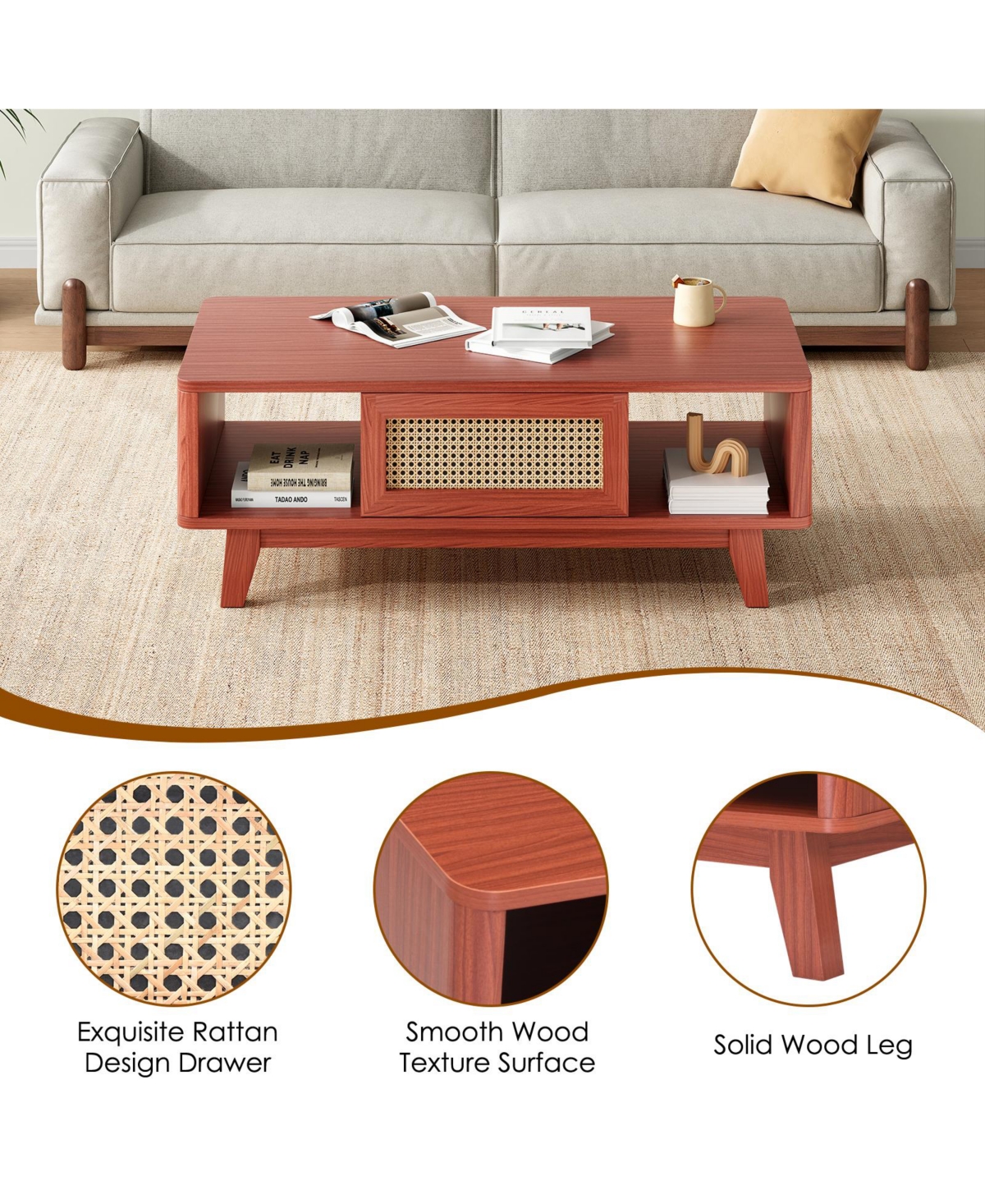 Flynama Mid Century Coffee Table Rattan Drawer Solid Wood Leg Storage Table