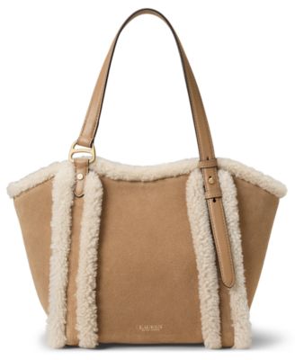 Suede Shearling Trim Small Tasha Tote Handbag