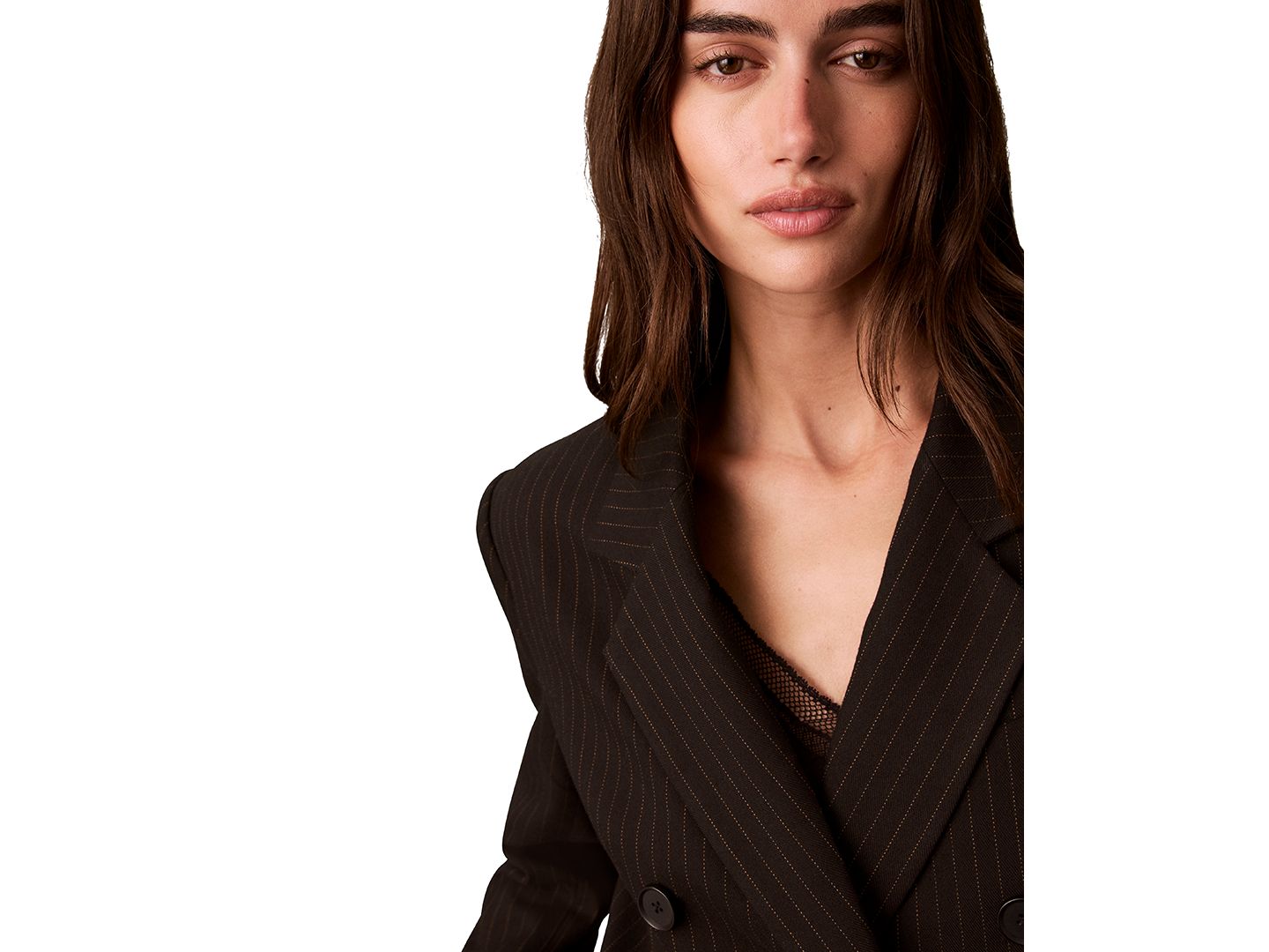 Женский пиджак Calvin Klein Double-Breasted Pinstripe Notch Collar Blazer, цвет: Чёрный / Седельно-коричневый — фото 10