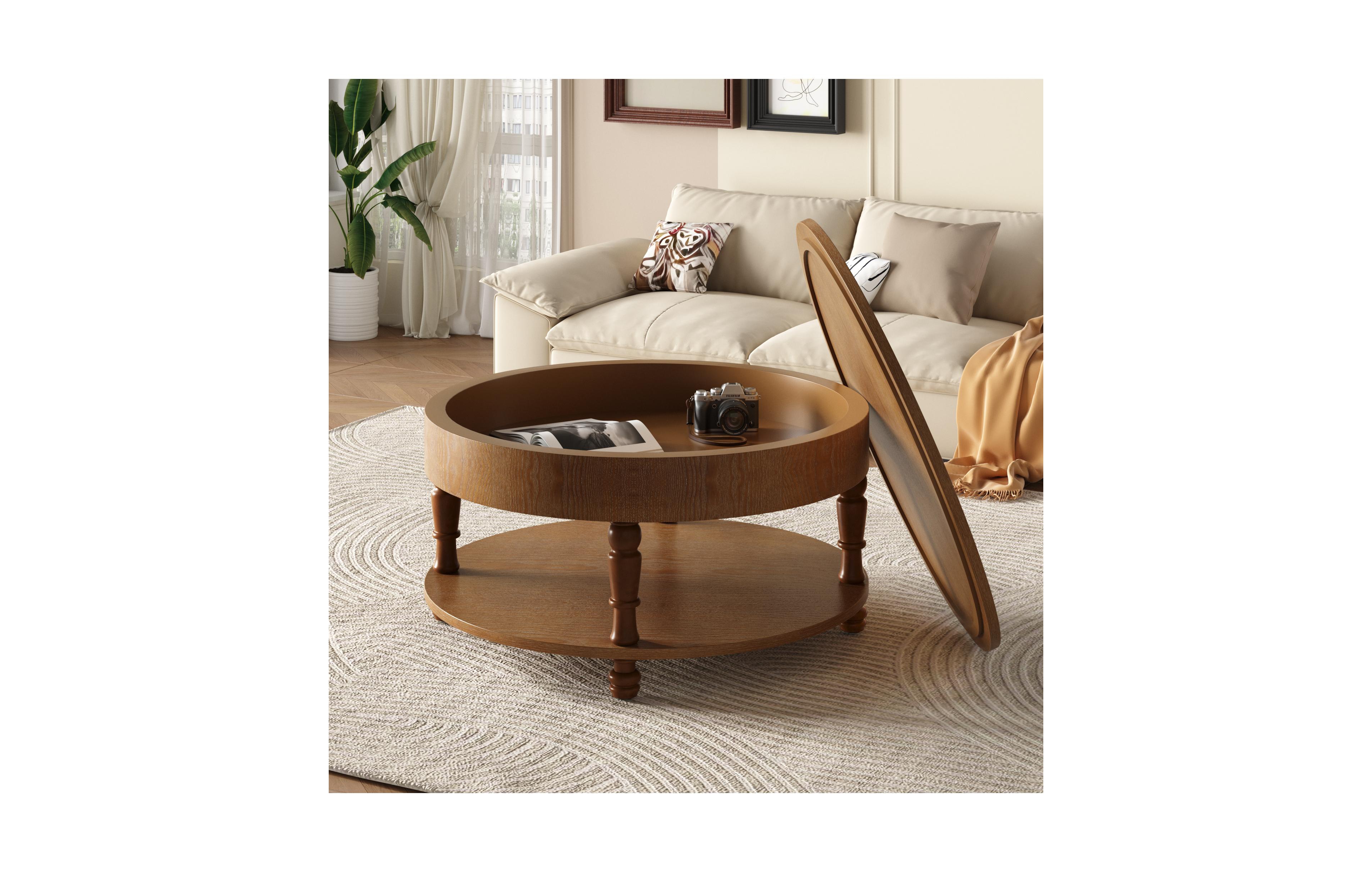 Flynama 31.5" Round Flip-Top Coffee Table with Dual Storage