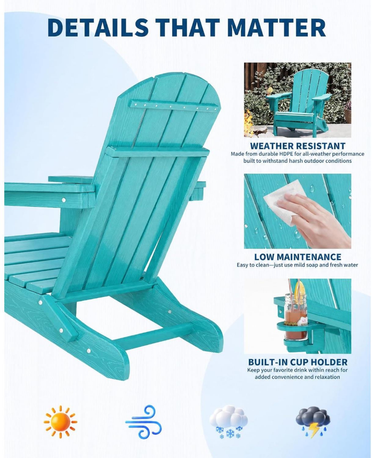 homfan Set of 2 Folding Adirondack Chairs with Side Table, All-Weather Hdpe, Cup Holder