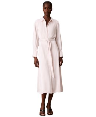 Women's Long-Sleeve Satin-Stripe Midi Shirt Dress