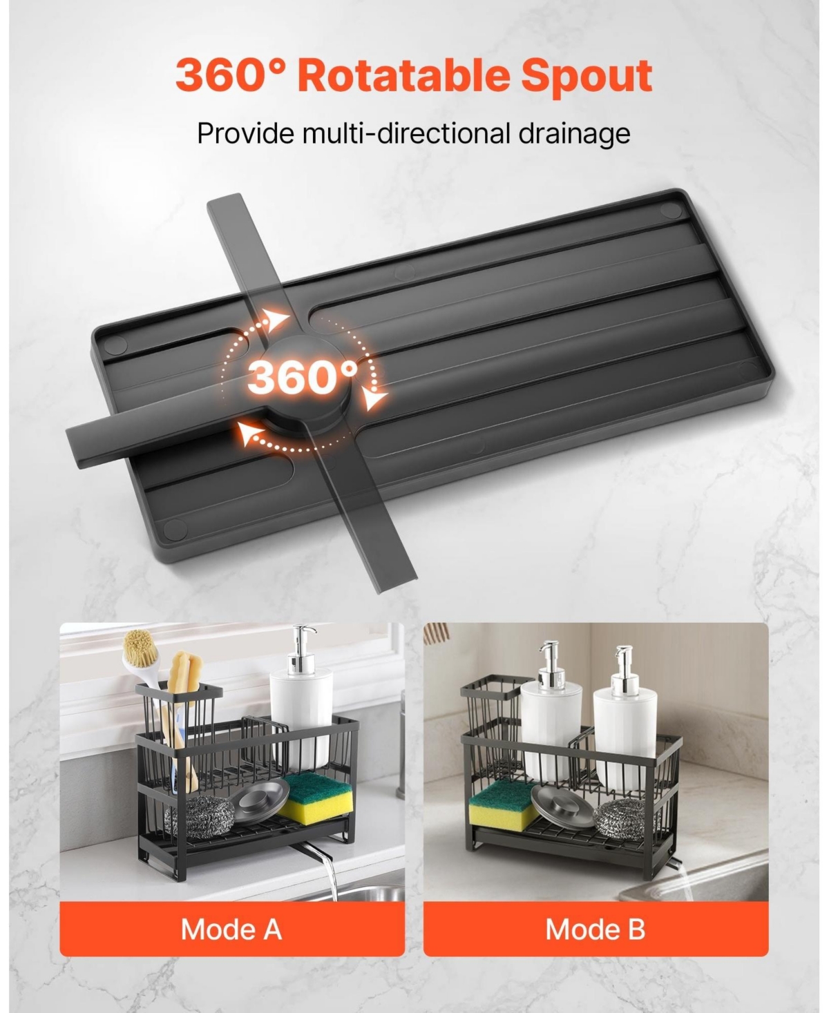 Sugift 2-Tier Kitchen Sink Caddy Organizer with Brush Holder Divider and Rotatable Drainage Spout