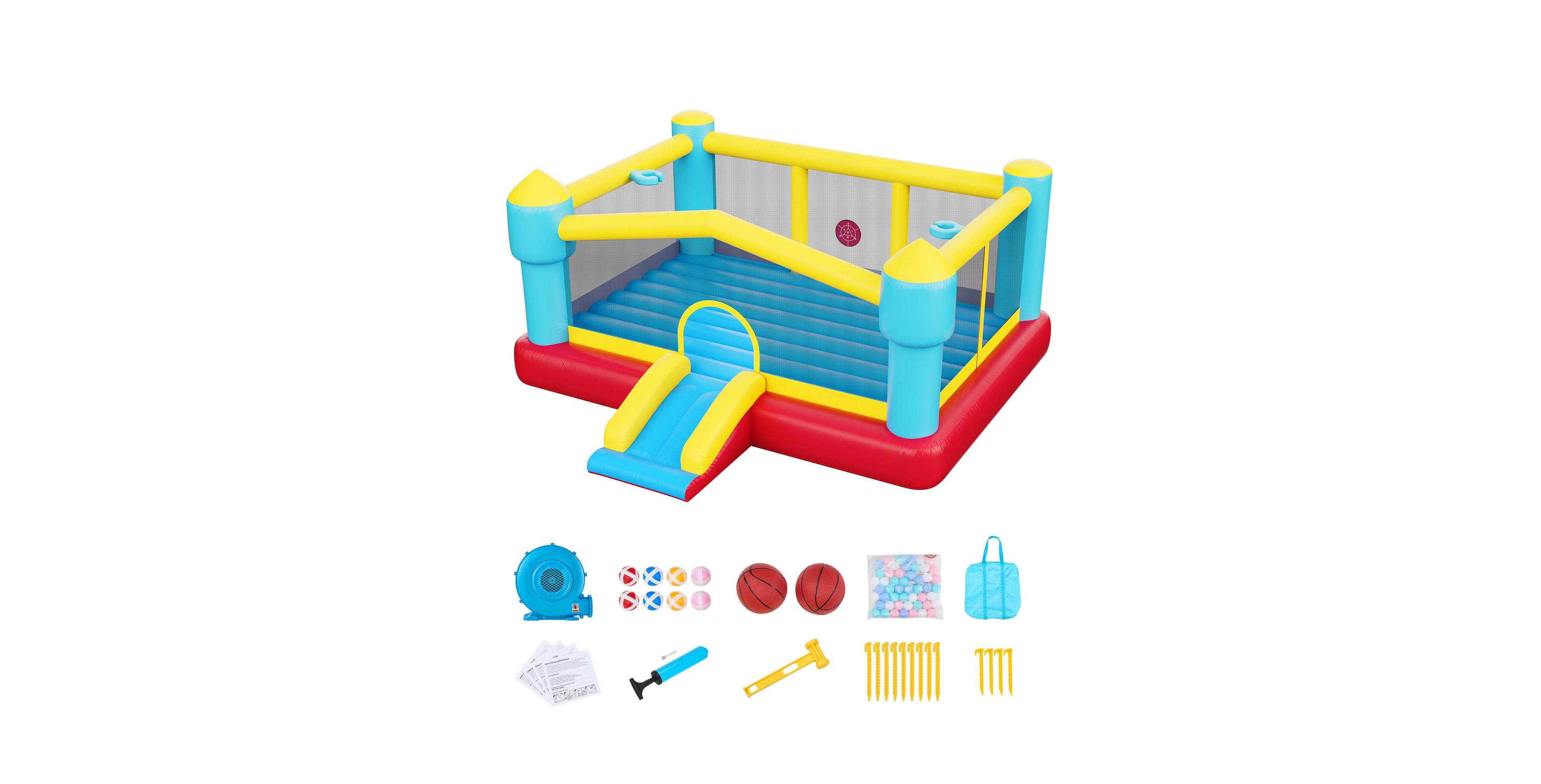 Sugift Inflatable Bounce House, 14.7 x 13.8 x 6.8 feet, Oxford Cloth, With Slide and Hoop Target, Ages 3-8