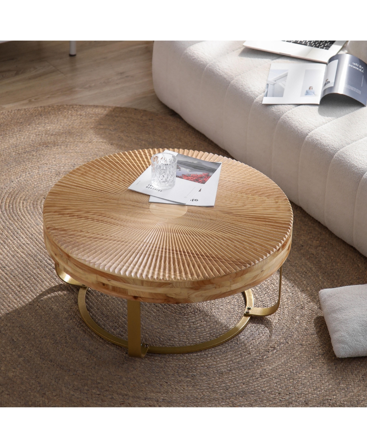 Flynama Round Wood Coffee Table Metal Legs Carved Pine Accent Living Room Table