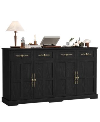 Storage Cabinet with 4 Doors and 4 Drawers, Farmhouse Buffet Sideboard with Gold Handles, Modern Entryway Console Table for Living Room