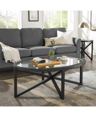 46.5 Inch Round Tempered Glass Coffee Table, Solid Wood Base Anti-Scratch Accent Table for Living Room and Terrace