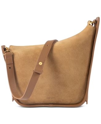 10AM Suede Leather Asymmetrical Embossed Logo Small Crossbody Handbag