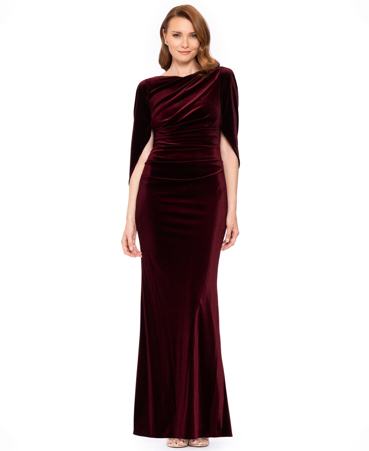 Женское платье Betsy & Adam Velvet Draped Back Long, цвет: Бордовый — фото 1