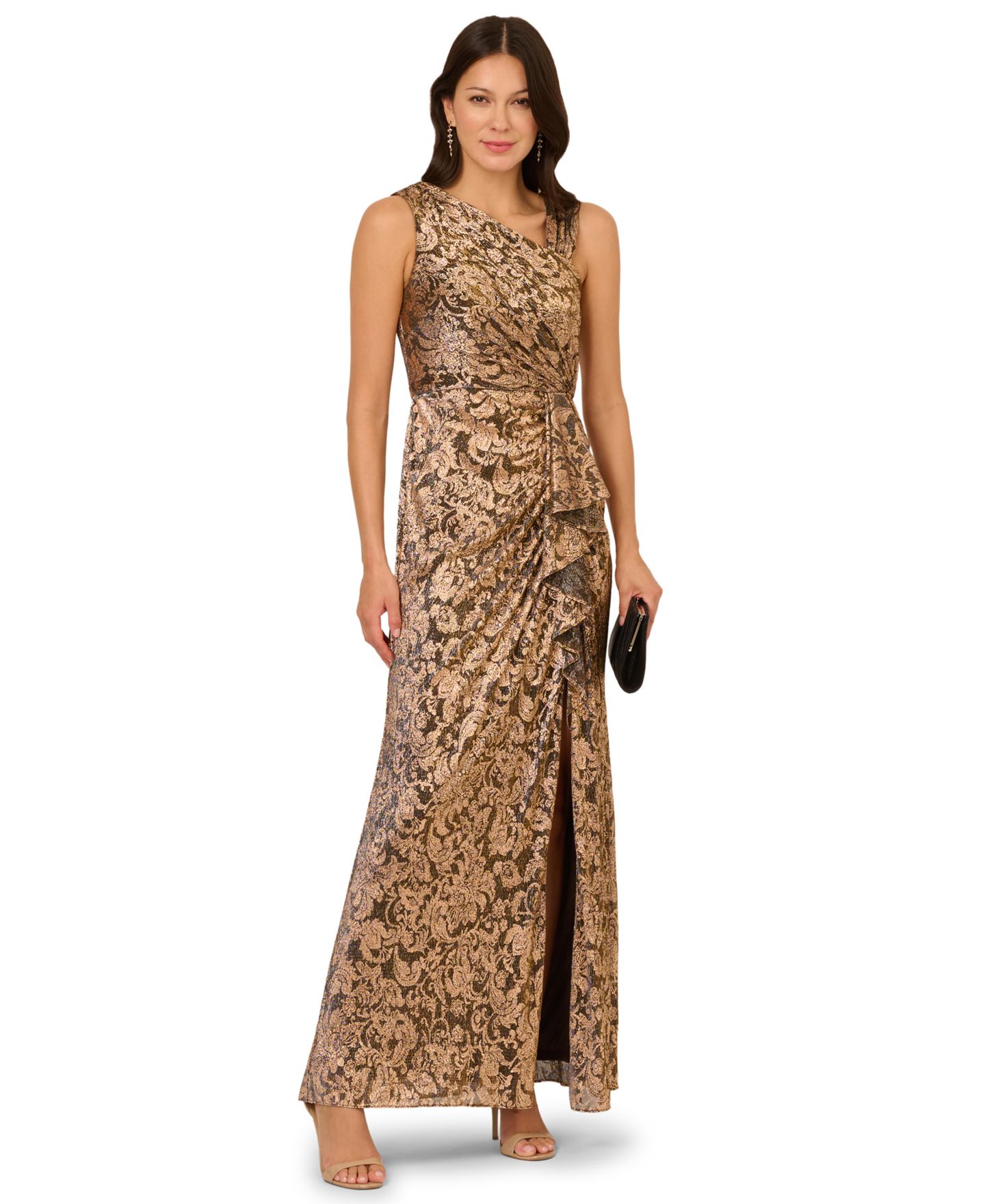 Женское платье Adrianna Papell Asymmetrical-Neck Metallic-Crinkle Wedding Guest Long, цвет: Шоколадный — фото 2